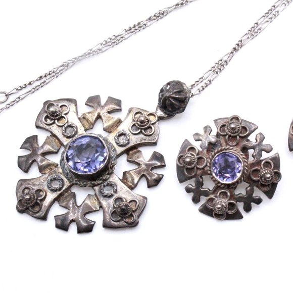 Vintage Jerusalem Lab Alexandrite 800 Silver Maltese Cross Necklace Set - Picture 3 of 9